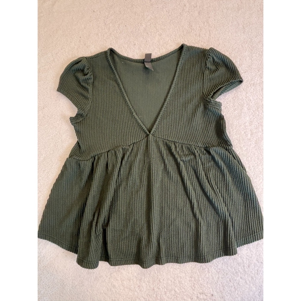 V-Neck Ribbed Peplum Top - Olive